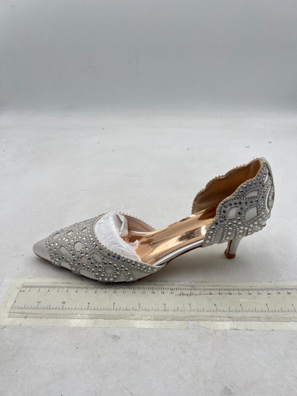 XYD White Pumps, Elegant Pointed Toe, D'Orsay Kitten Low Heels, Rhinestone Shoes
